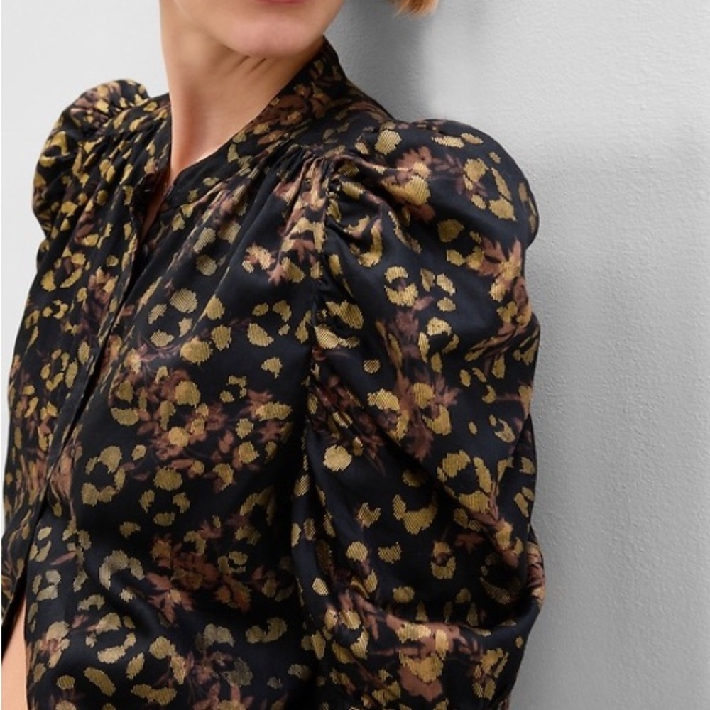 Women’s GAP Black Gold Floral Puff Sleeve Shirt Blouse XS 100% cotton Careerwear
